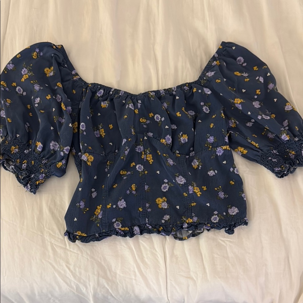SO Blue Ruffled Crop Blouse